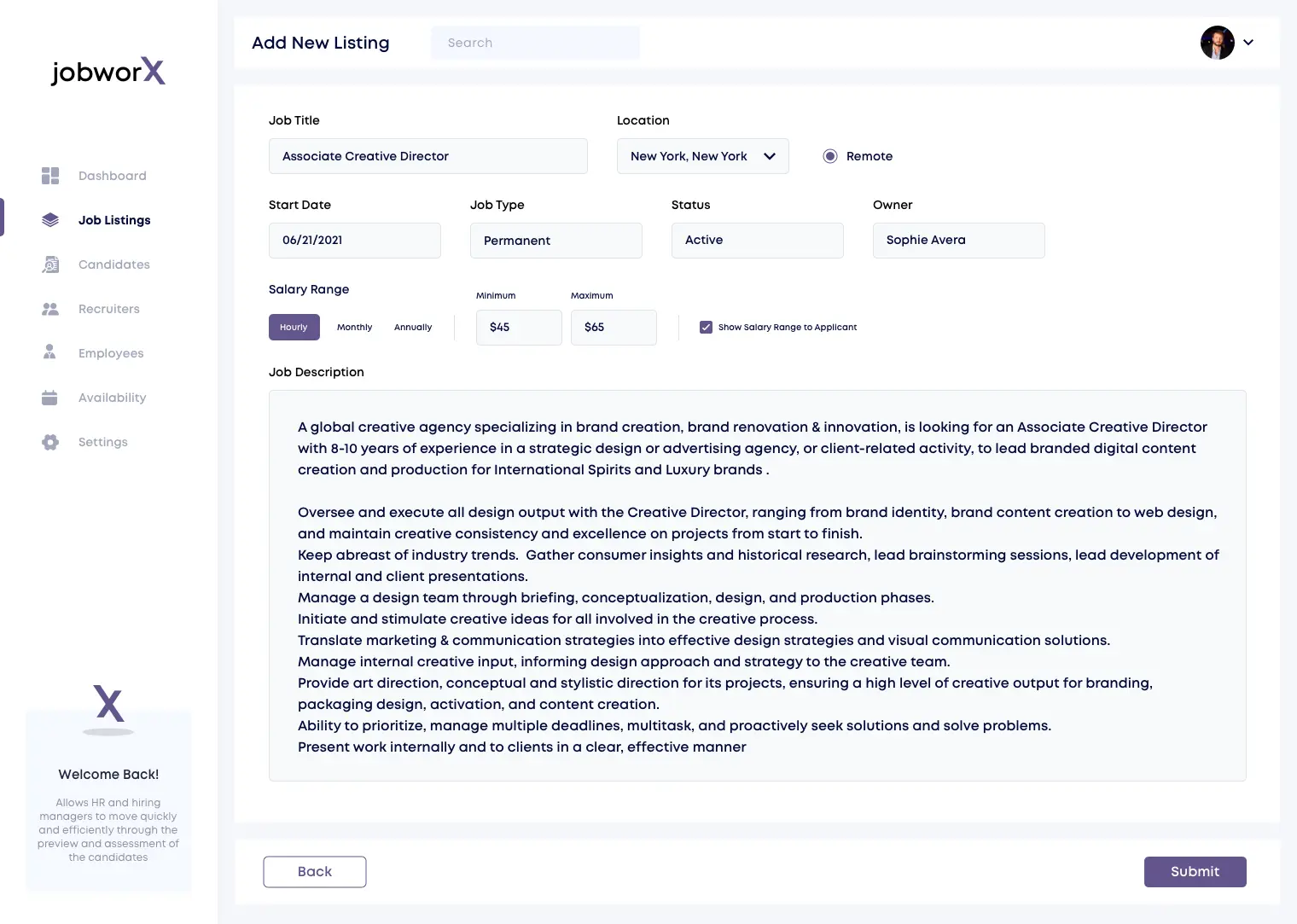 Example of adding a new job listing inside HMD